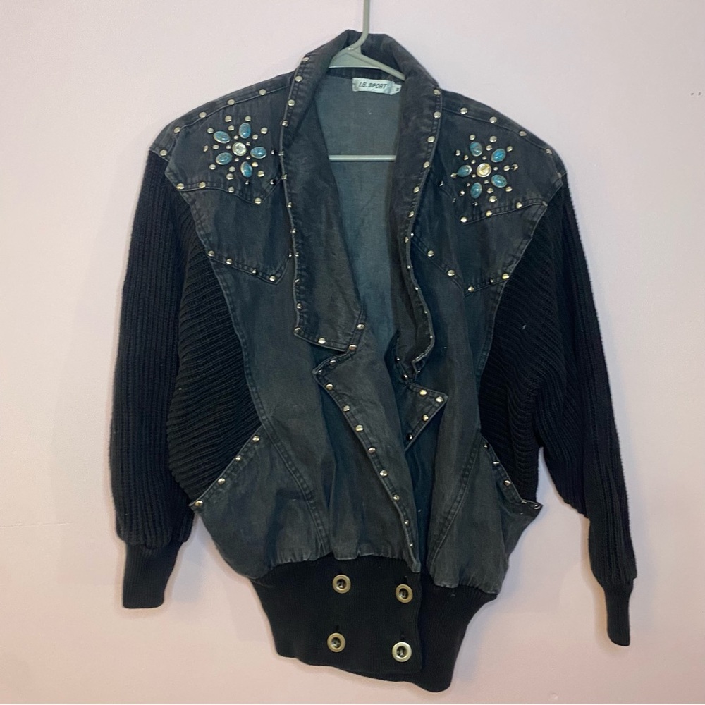 80s Vintage I.B. sport black denim and embellished bomber jacket w shoulder pads